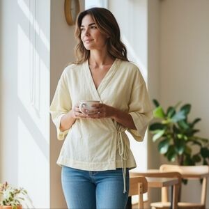 Zara Pale Yellow Tie-Waist Wrap Blouse